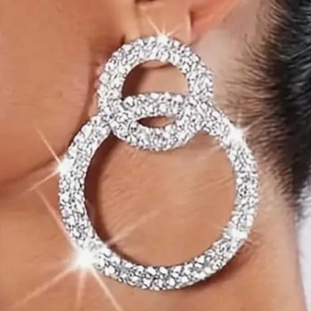Rhinestone Silver Hoop Circle Earrings - New